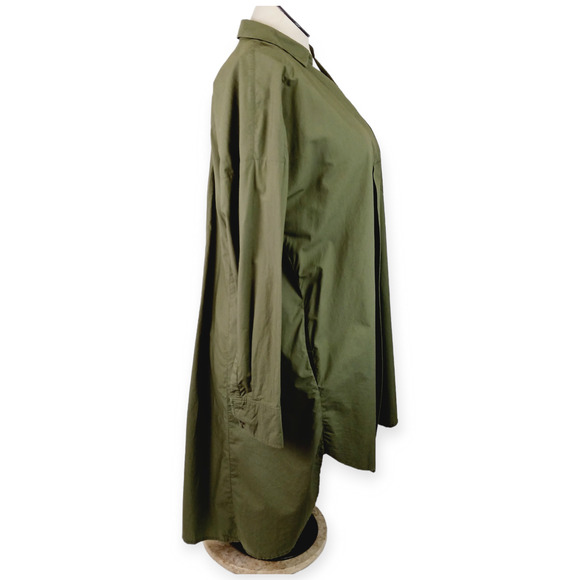 Free People SZ M Button Down High Low Shirt Dress in Army Green Hidden Buttons - Picture 5 of 8